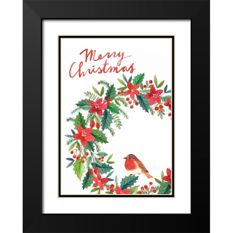 Merry Christmas Wreath Black Modern Wood Framed Art Print with Double Matting by P.S. Art Studios