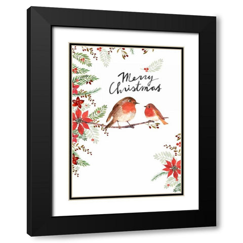 Merry Christmas Birds Black Modern Wood Framed Art Print with Double Matting by P.S. Art Studios