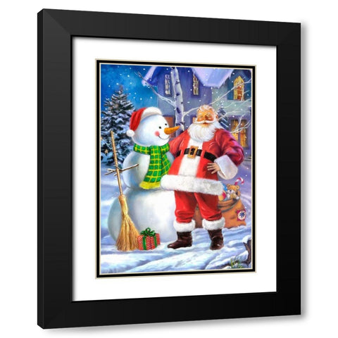 Santa and Snowman Black Modern Wood Framed Art Print with Double Matting by P.S. Art