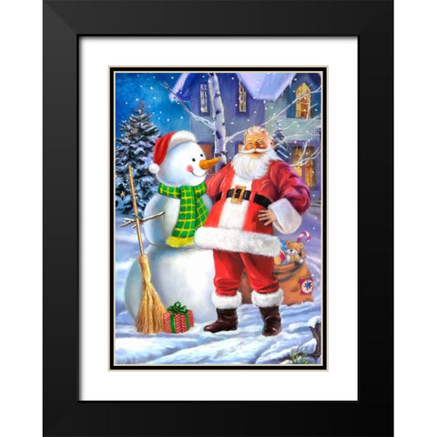 Santa and Snowman Black Modern Wood Framed Art Print with Double Matting by P.S. Art