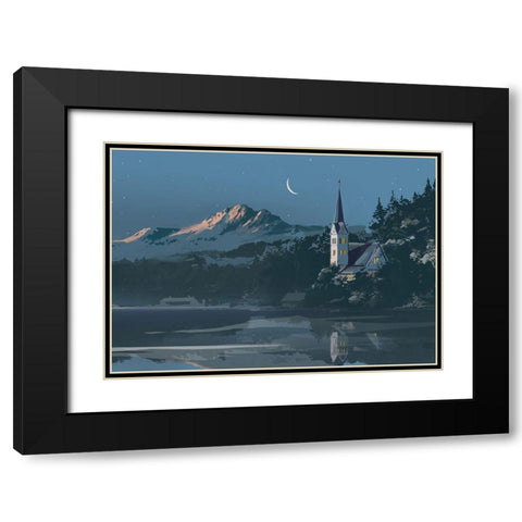 Church on a Blue Lake Black Modern Wood Framed Art Print with Double Matting by P.S. Art