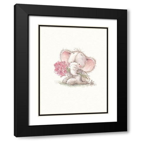Baby Elephant with Flowers Black Modern Wood Framed Art Print with Double Matting by P.S. Art