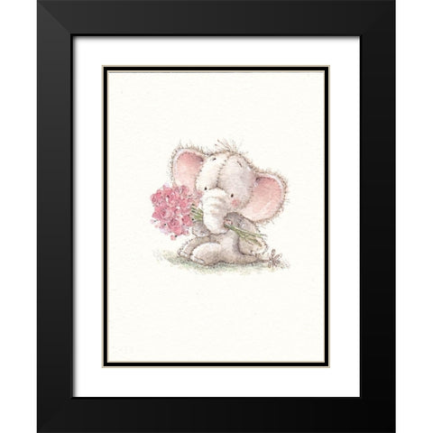 Baby Elephant with Flowers Black Modern Wood Framed Art Print with Double Matting by P.S. Art