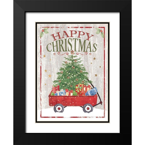 Happy Christmas Wagon Black Modern Wood Framed Art Print with Double Matting by P.S. Art