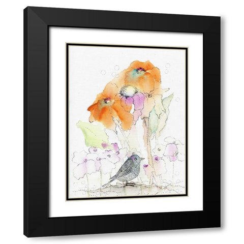 Bird and Orange Flowers Black Modern Wood Framed Art Print with Double Matting by Ogren, Sarah