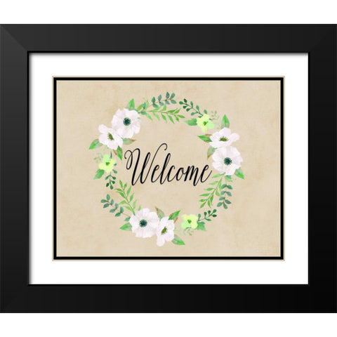 Welcome Green Wreath Black Modern Wood Framed Art Print with Double Matting by Moss, Tara