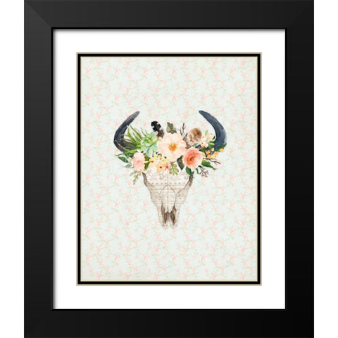 Bull Skull on Floral Black Modern Wood Framed Art Print with Double Matting by Moss, Tara