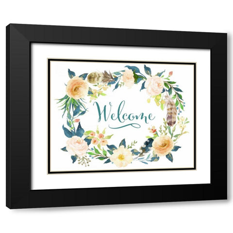 Welcome Teal Floral Black Modern Wood Framed Art Print with Double Matting by Moss, Tara