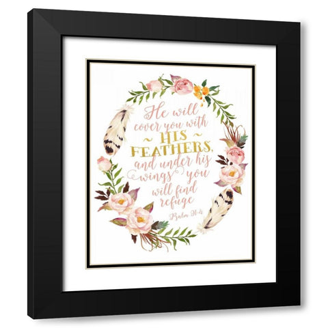 Psalm 91-4 Pink and Gold Wreath Black Modern Wood Framed Art Print with Double Matting by Moss, Tara