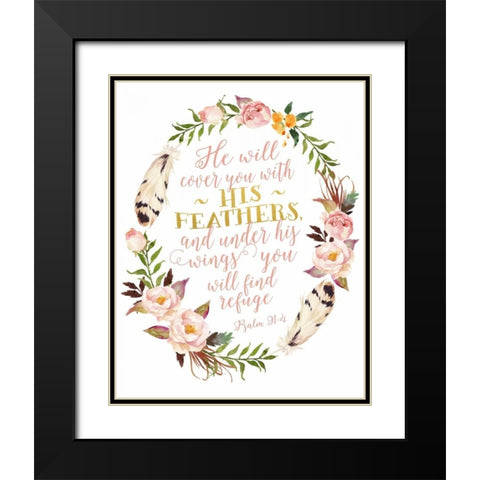 Psalm 91-4 Pink and Gold Wreath Black Modern Wood Framed Art Print with Double Matting by Moss, Tara
