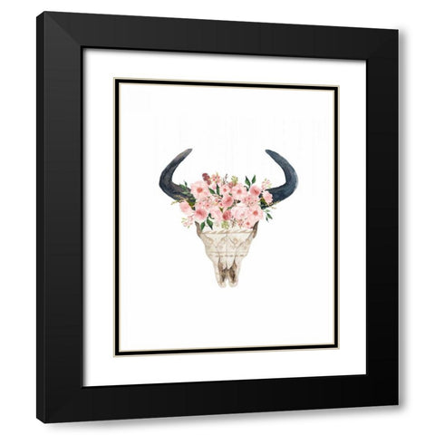 Pink Floral Bull Skull Black Modern Wood Framed Art Print with Double Matting by Moss, Tara
