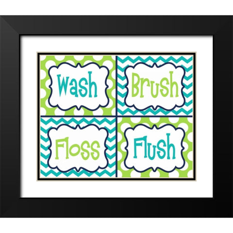 Wash, Brush, Floss, Flush  Green Black Modern Wood Framed Art Print with Double Matting by Robinson, Tamara