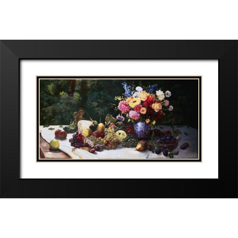 Vase of Flowers and Fruit on a Draped Table Black Modern Wood Framed Art Print with Double Matting by Burghardt, Adam