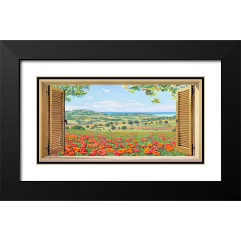 Finestra su campo di papaveri Black Modern Wood Framed Art Print with Double Matting by Del Missier, Andrea