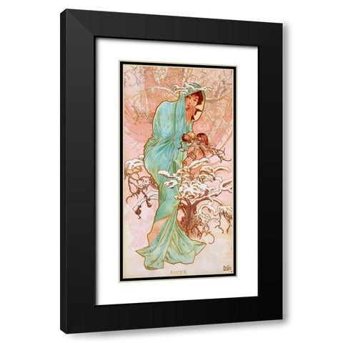 Hiver Black Modern Wood Framed Art Print with Double Matting by Mucha, Alphonse