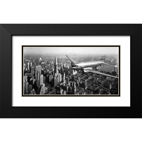 DC-4 over Manhattan, NYC Black Modern Wood Framed Art Print with Double Matting by Anonymous