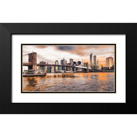 Brooklyn Bridge and Lower Manhattan at sunset, NYC Black Modern Wood Framed Art Print with Double Matting by Pangea Images