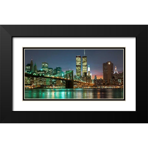 The Brooklyn Bridge and Twin Towers at Night Black Modern Wood Framed Art Print with Double Matting by Mancini, Barry