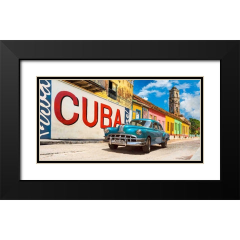 Vintage car and mural- Cuba Black Modern Wood Framed Art Print with Double Matting by Pangea Images