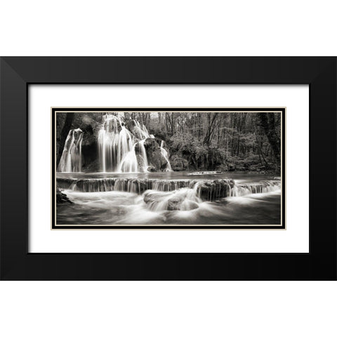 Waterfall in a forest (BW) Black Modern Wood Framed Art Print with Double Matting by Pangea Images