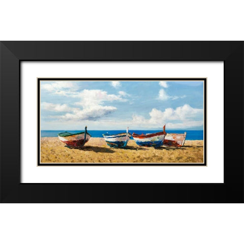 Boats on the Beach Black Modern Wood Framed Art Print with Double Matting by Benson, Pierre