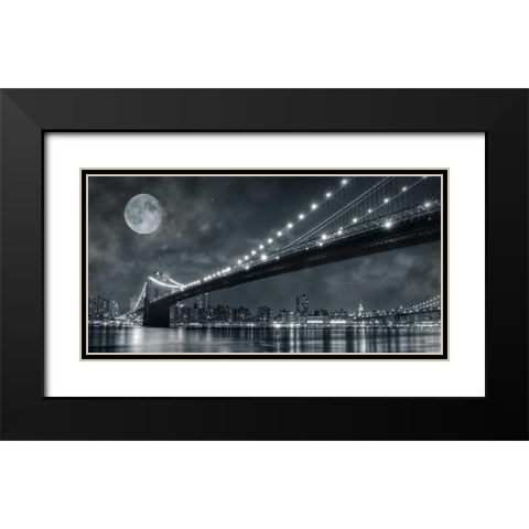 Brooklyn Bridge at Night - New York Black Modern Wood Framed Art Print with Double Matting by Lacis, Janis