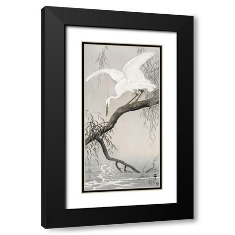 White heron on tree branch Black Modern Wood Framed Art Print with Double Matting by Koson, Ohara