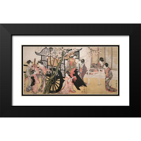 Courtesans admiring cherry blossoms Black Modern Wood Framed Art Print with Double Matting by Kitagawa, Utamaro