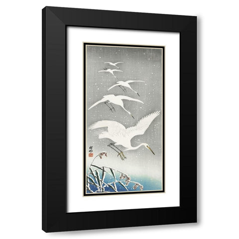 Descending egrets in snow Black Modern Wood Framed Art Print with Double Matting by Koson, Ohara