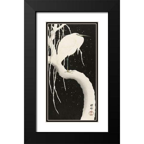 Heron in snow Black Modern Wood Framed Art Print with Double Matting by Koson, Ohara