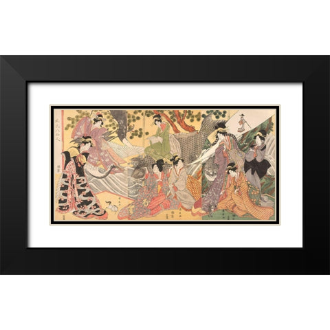 Kabuki players as the Eight Sennin Black Modern Wood Framed Art Print with Double Matting by Kininaga