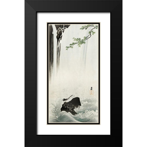 Japanese Wagtail at Waterfall Black Modern Wood Framed Art Print with Double Matting by Koson, Ohara