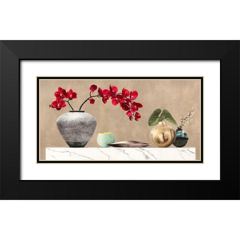 Red Orchids on White Marble Black Modern Wood Framed Art Print with Double Matting by Thomlinson, Jenny