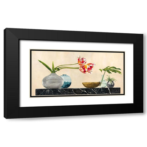 Floral Setting on Black Marble Black Modern Wood Framed Art Print with Double Matting by Thomlinson, Jenny