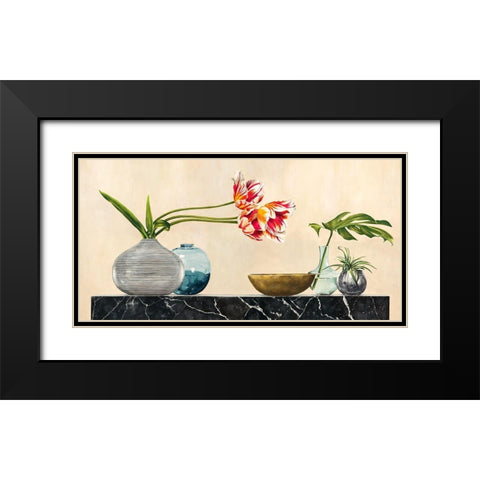 Floral Setting on Black Marble Black Modern Wood Framed Art Print with Double Matting by Thomlinson, Jenny