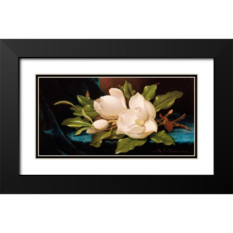 Giant Magnolias on Blue Cloth Black Modern Wood Framed Art Print with Double Matting by Heade, Martin Johnson