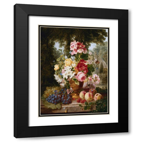 A Vase of Summer Flowers and Fruit Black Modern Wood Framed Art Print with Double Matting by Wainwright, William John