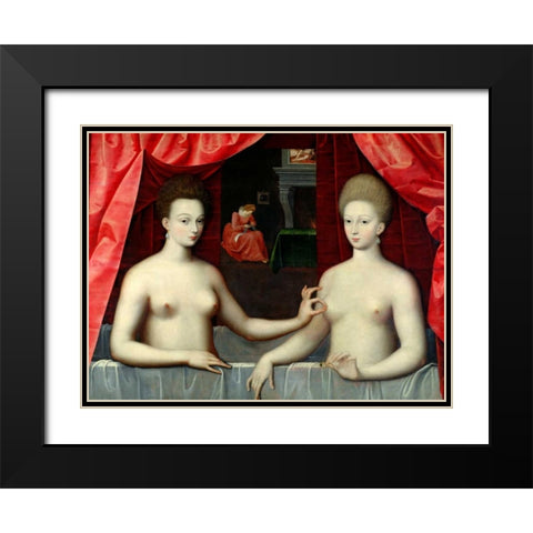 Gabrielle dEstrees and her Sister Black Modern Wood Framed Art Print with Double Matting by School of Fontainebleau