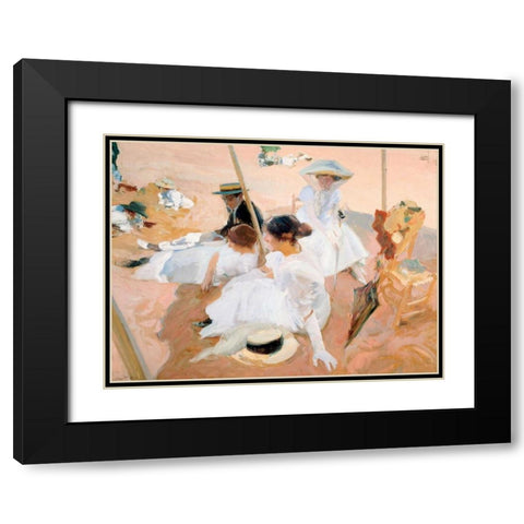 Under the awning, on the Beach at Zarauz Black Modern Wood Framed Art Print with Double Matting by Sorolla y Bastida, Joaquin