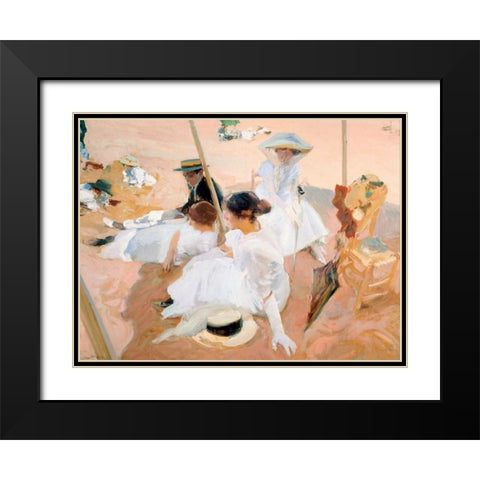 Under the awning, on the Beach at Zarauz Black Modern Wood Framed Art Print with Double Matting by Sorolla y Bastida, Joaquin