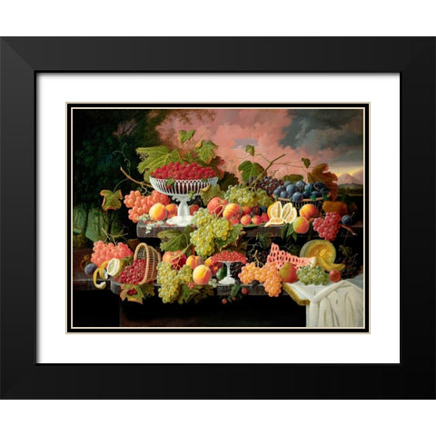 Two-Tiered Still Life with Fruit and Sunset Landscape Black Modern Wood Framed Art Print with Double Matting by Roesen, Severin