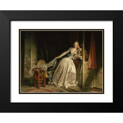 The Stolen Kiss Black Modern Wood Framed Art Print with Double Matting by Fragonard, Jean-Honore