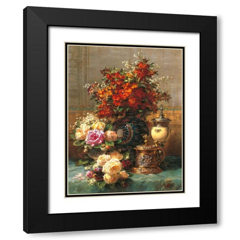 Composition with Peonies Black Modern Wood Framed Art Print with Double Matting by Robie, Jean-Baptiste