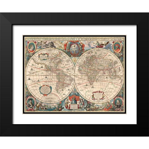 Nova totius Terrarum Orbis geographica ac hydrographica tabula Black Modern Wood Framed Art Print with Double Matting by Hondius, Hendrik