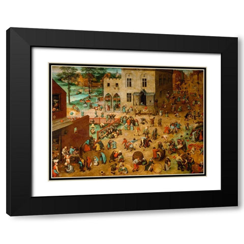 Childrenâ€™s Games Black Modern Wood Framed Art Print with Double Matting by Bruegel the Elder, Pieter