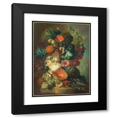 Fruit, flowers and a fish Black Modern Wood Framed Art Print with Double Matting by Van Os, Jan