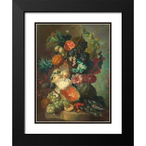 Fruit, flowers and a fish Black Modern Wood Framed Art Print with Double Matting by Van Os, Jan