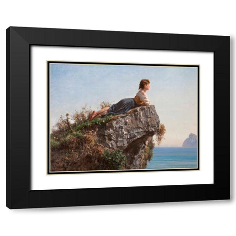 La fanciulla sulla roccia a Sorrento Black Modern Wood Framed Art Print with Double Matting by Palizzi, Filippo