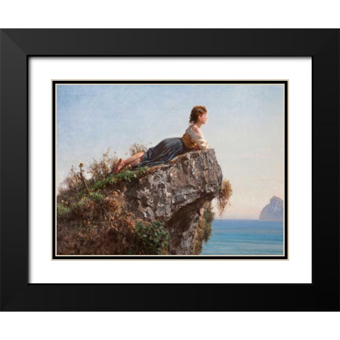 La fanciulla sulla roccia a Sorrento Black Modern Wood Framed Art Print with Double Matting by Palizzi, Filippo