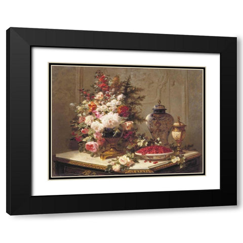 Floral composition on a table (detail) Black Modern Wood Framed Art Print with Double Matting by Robie, Jean-Baptiste